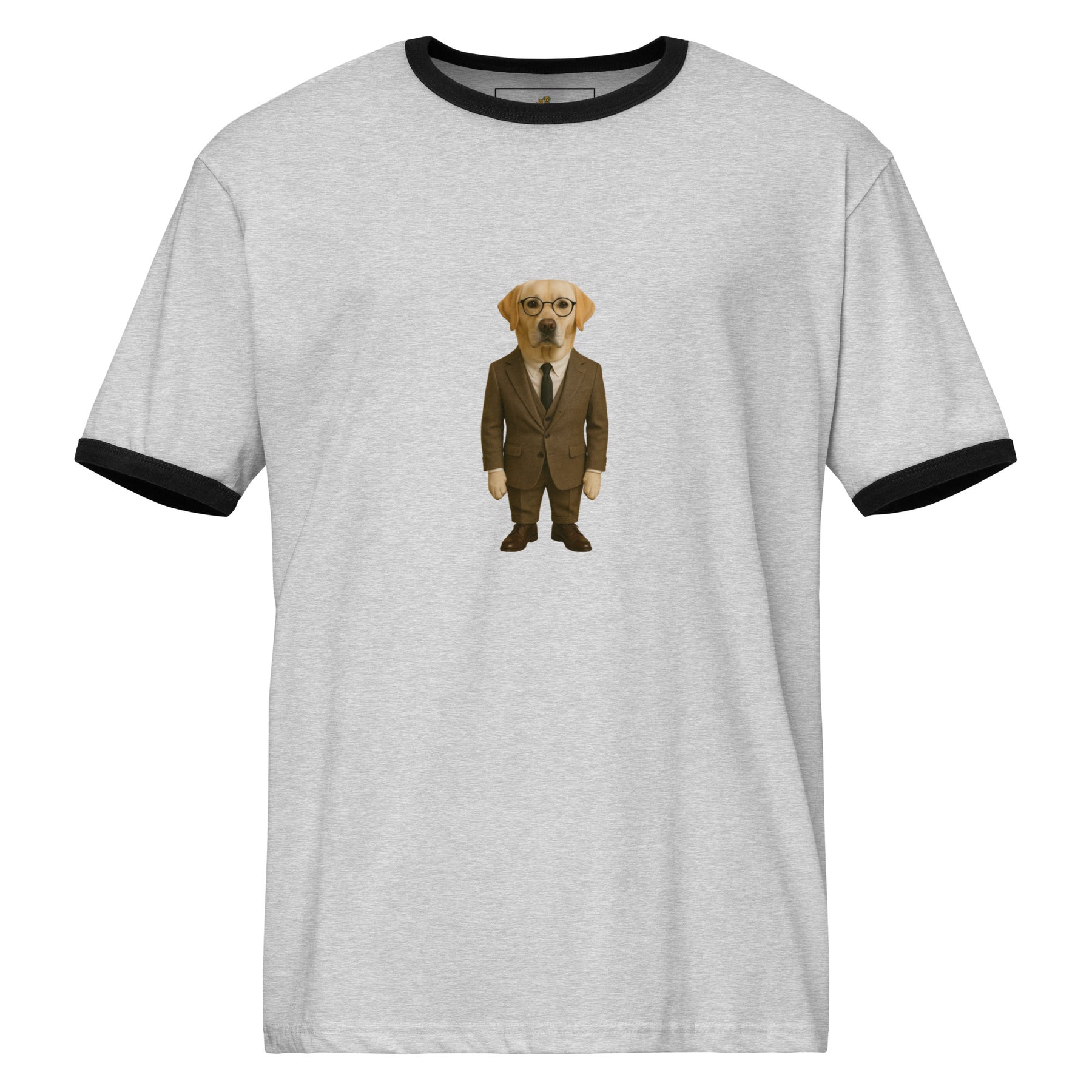 Gray t-shirt with a dog in a suit graphic on a white background