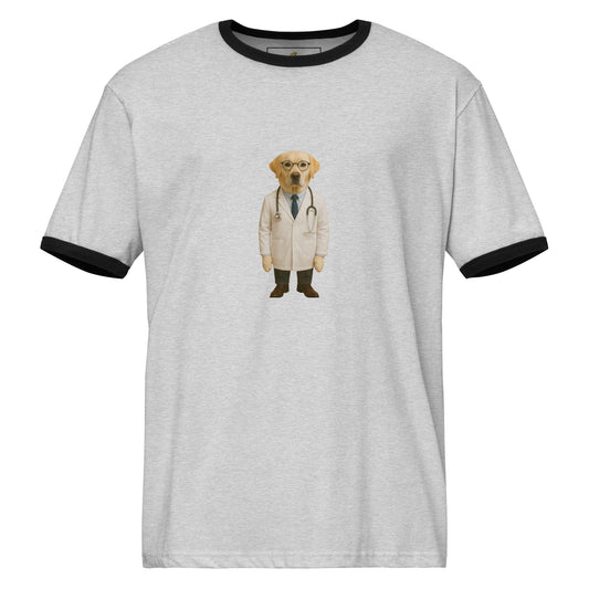 Gray t-shirt with a dog dressed as a doctor graphic on a white background