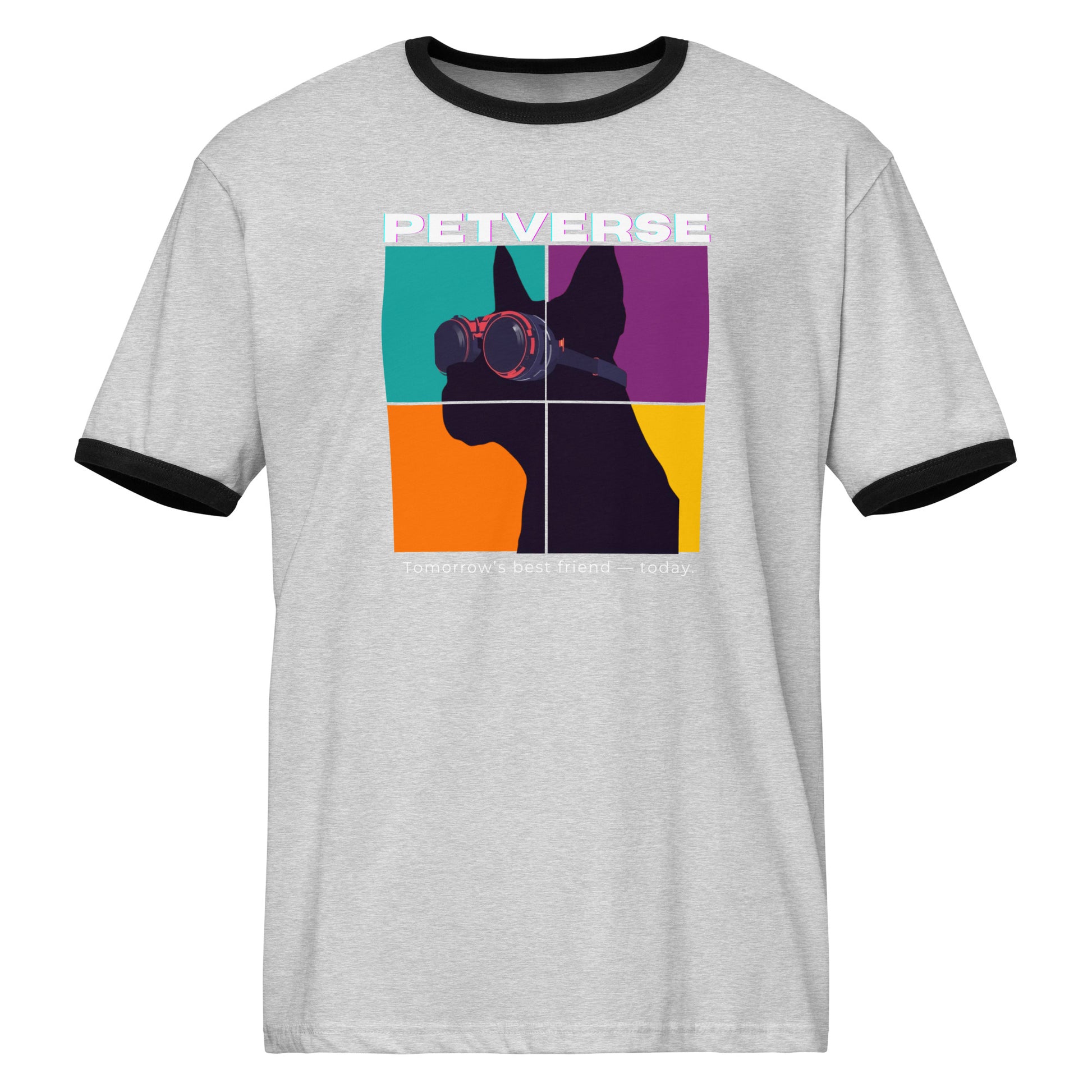 Gray t-shirt with colorful dog graphic and 'PETVERSE' text on a white background