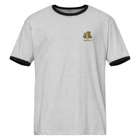 Gray t-shirt with black trim featuring a logo on a white background