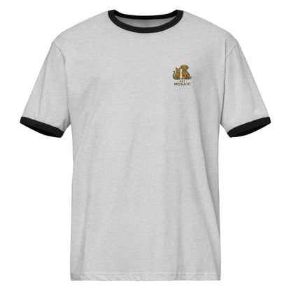 Gray t-shirt with black trim featuring a logo on a white background