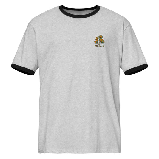 Gray t-shirt with black trim featuring a logo on a white background