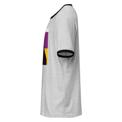 Gray t-shirt with colorful sleeve design on a white background