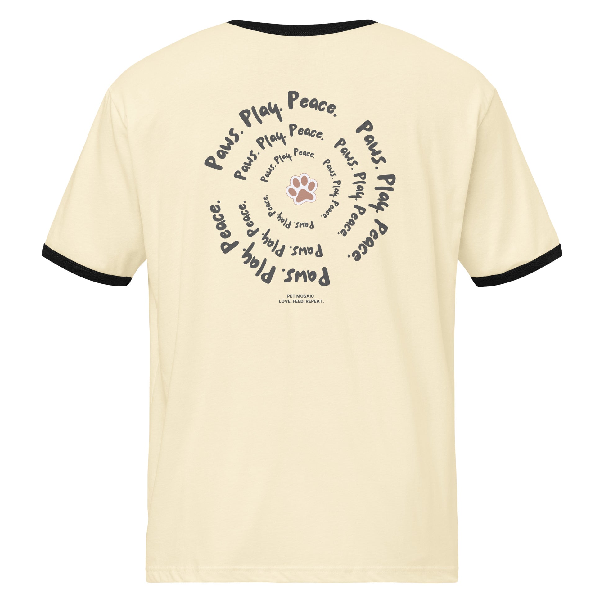 Beige t-shirt with black text and paw print design on a white background