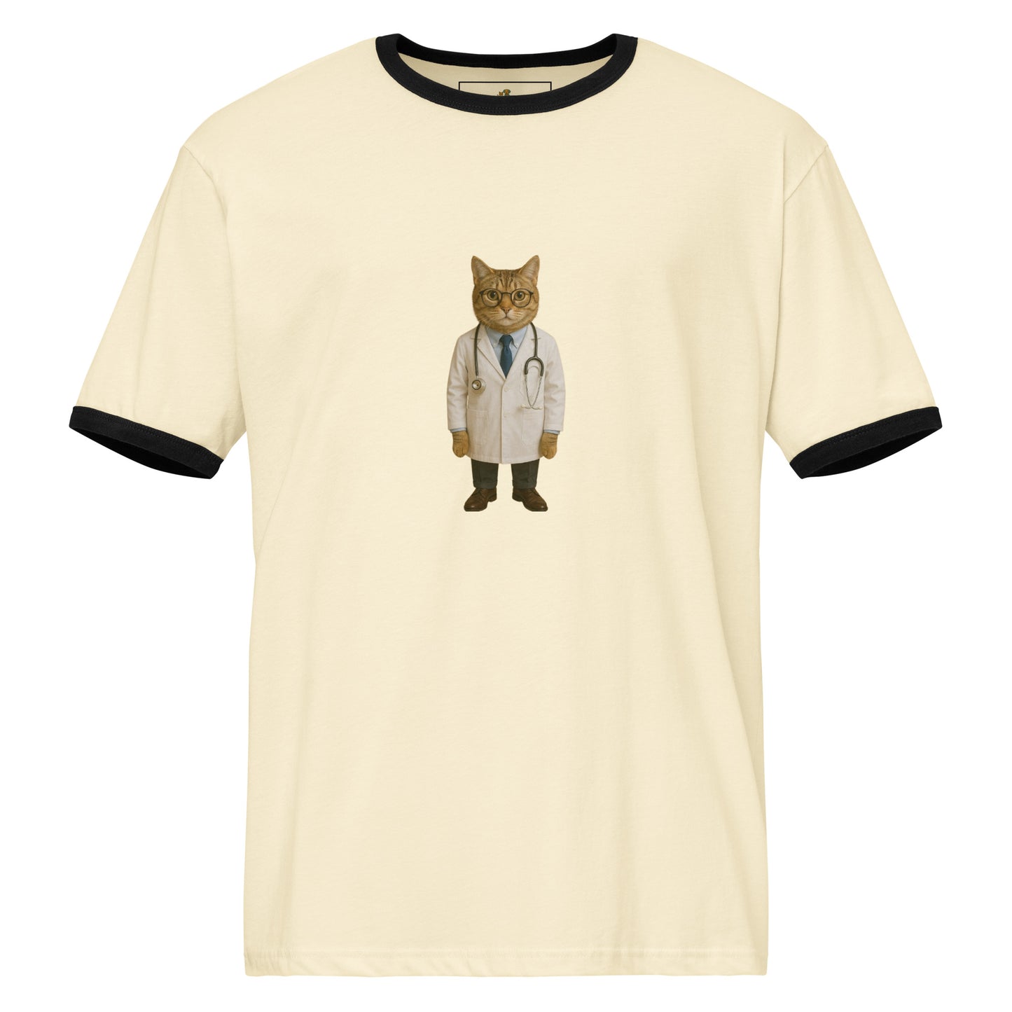 Beige t-shirt with a cat in a doctor's outfit on a white background