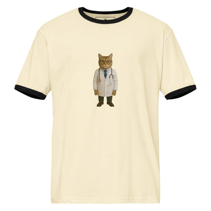 Beige t-shirt with a cat in a doctor's outfit on a white background