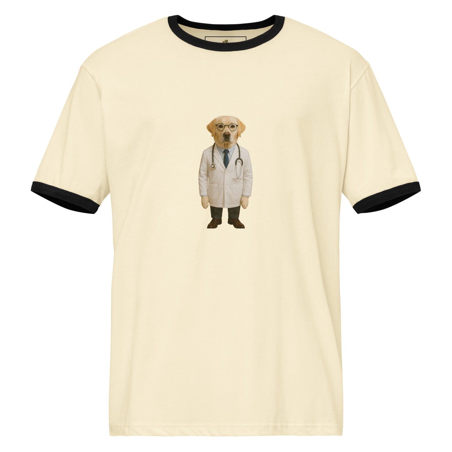 Beige t-shirt with a dog dressed as a doctor graphic on a white background