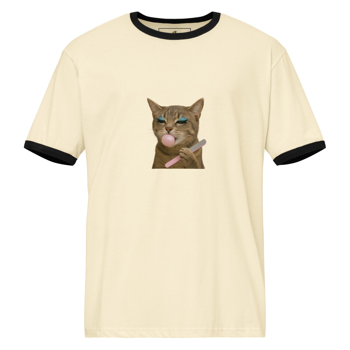 Beige t-shirt with a graphic of a cat blowing a bubble, on a white background