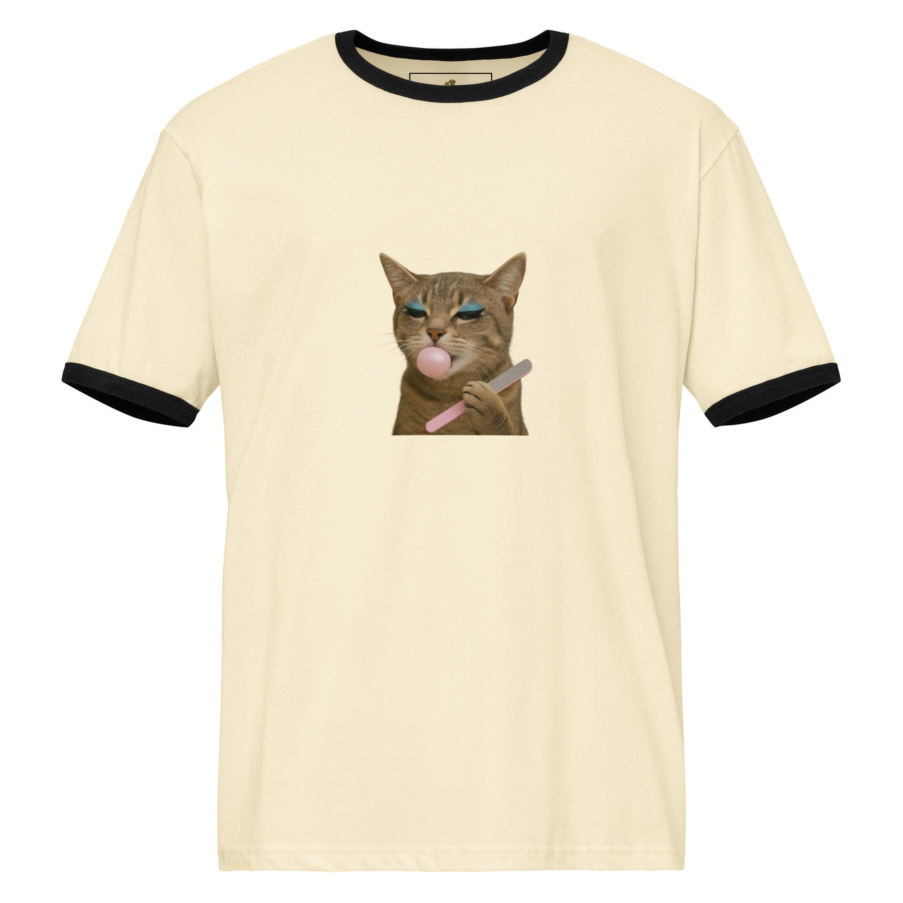 Beige t-shirt with a graphic of a cat blowing a bubble, on a white background
