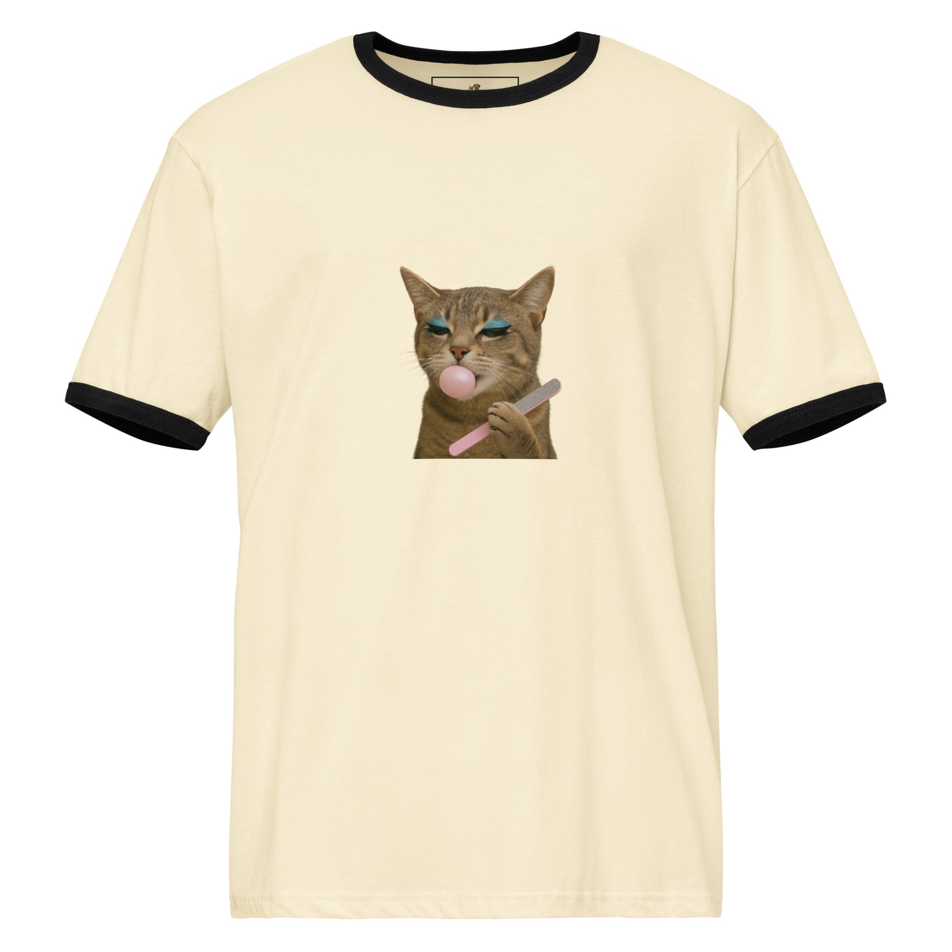 Beige t-shirt with a graphic of a cat blowing a bubble, on a white background