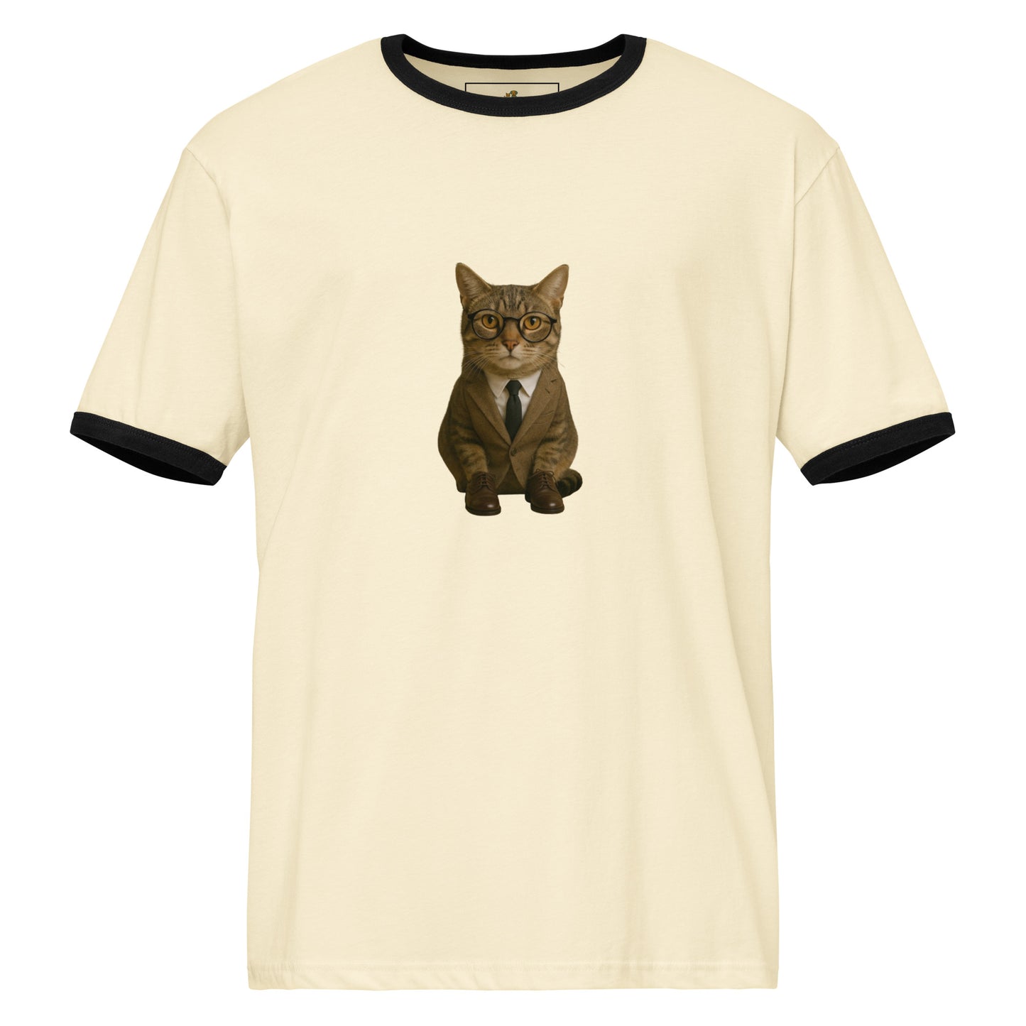 Beige t-shirt with a cat in a suit graphic on a white background
