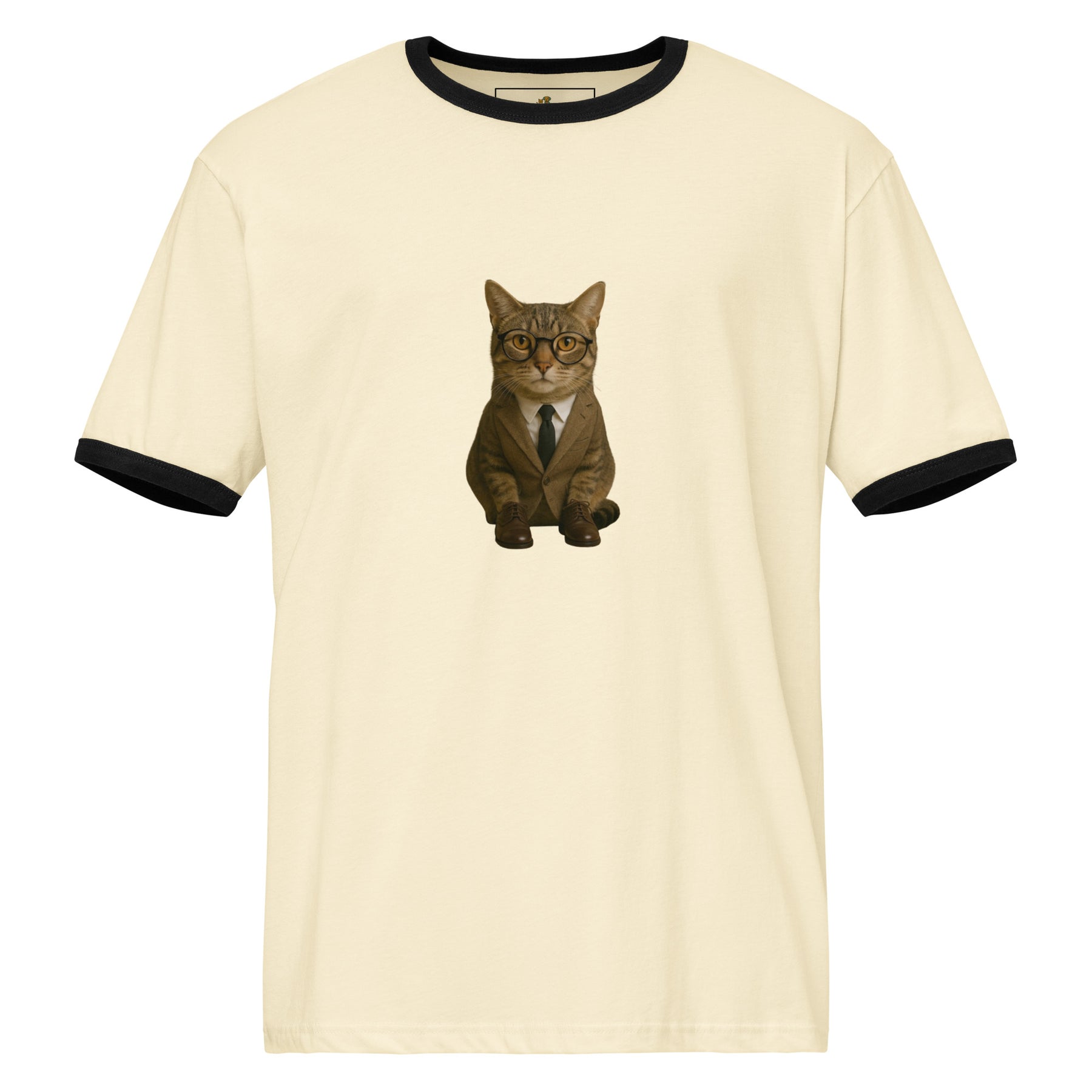 Beige t-shirt with a cat in a suit graphic on a white background