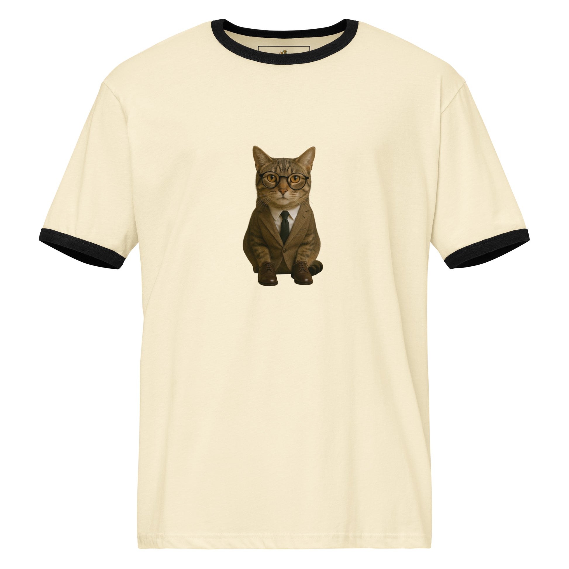 Beige t-shirt with a cat in a suit graphic on a white background