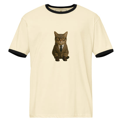 Beige t-shirt with a cat in a suit graphic on a white background