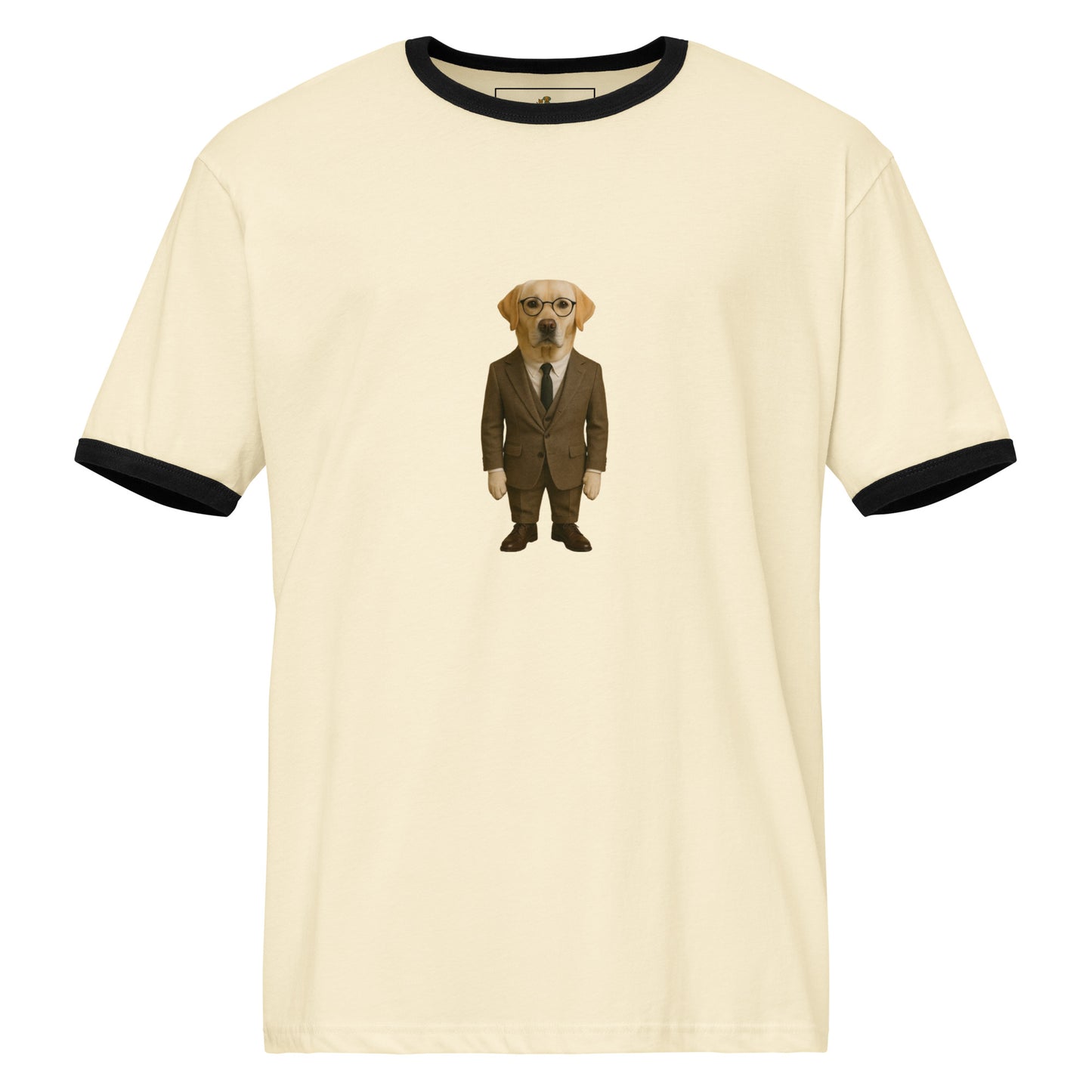 Beige t-shirt with a dog in a suit graphic on a white background