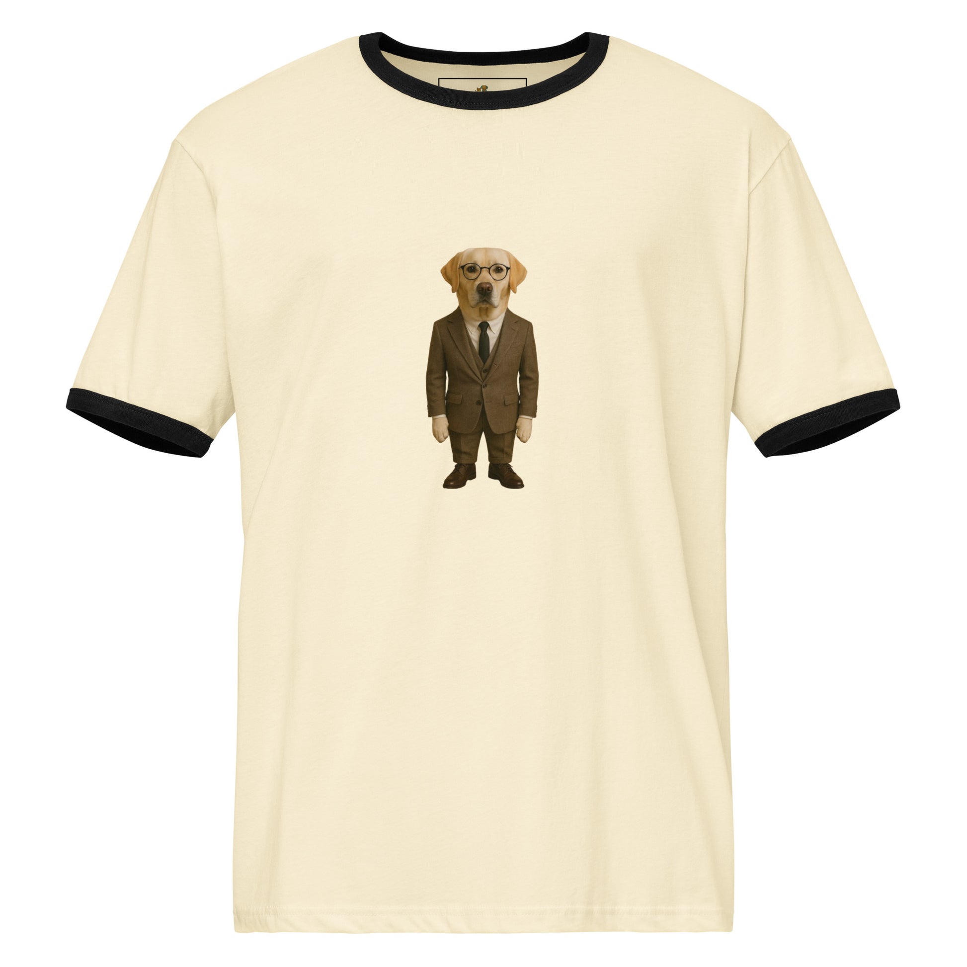 Beige t-shirt with a dog in a suit graphic on a white background