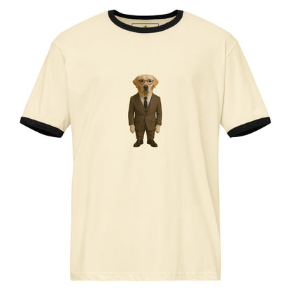 Beige t-shirt with a dog in a suit graphic on a white background