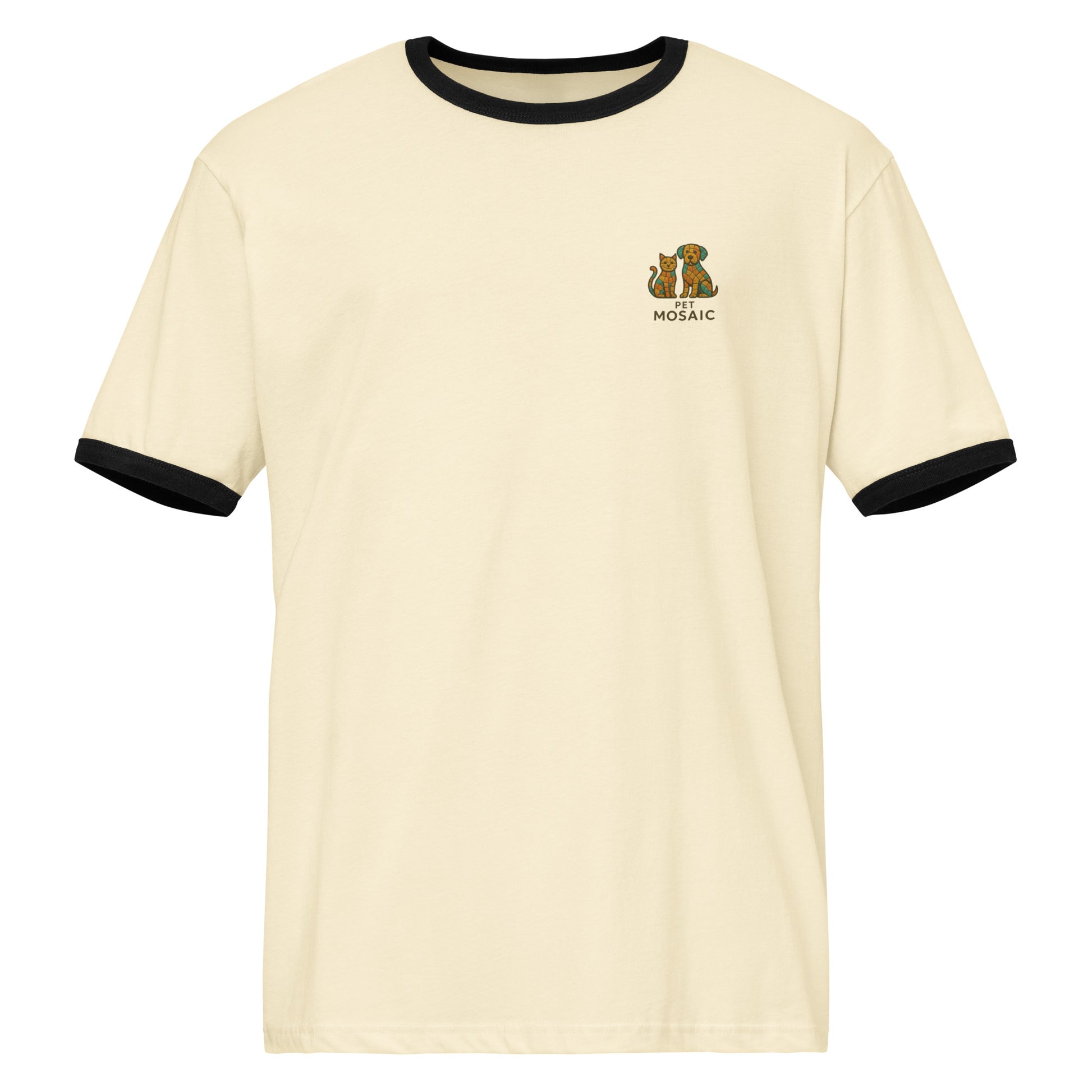 Beige t-shirt with black trim and a logo on a white background