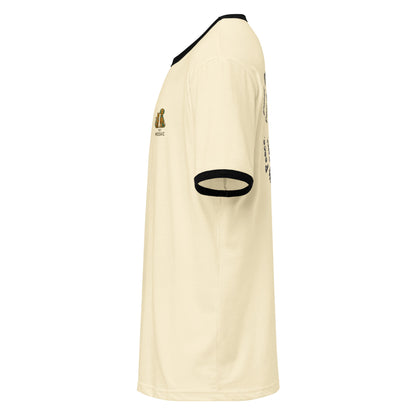 Beige sports jersey with black accents on a white background