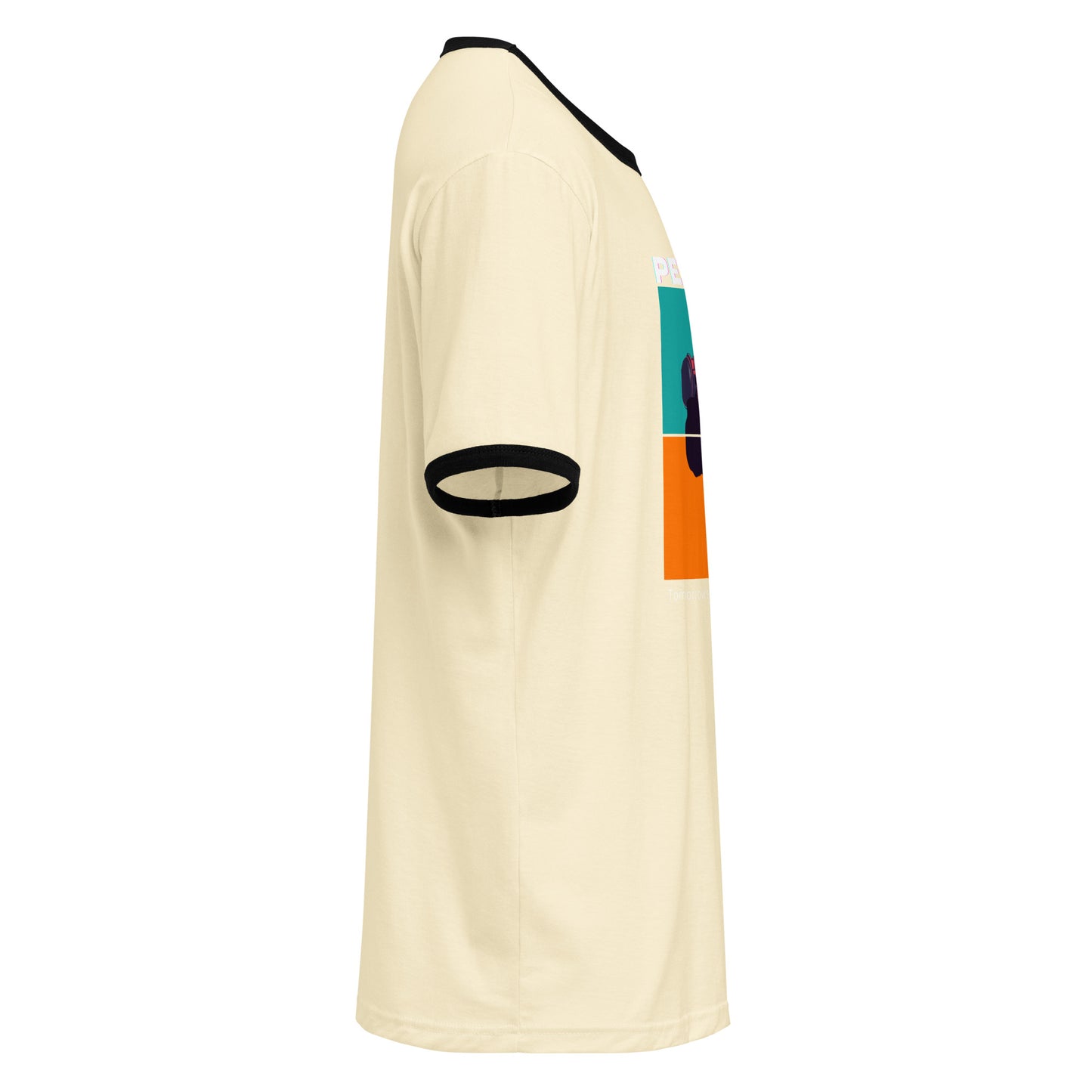 Beige cricket shirt with colorful design on a white background
