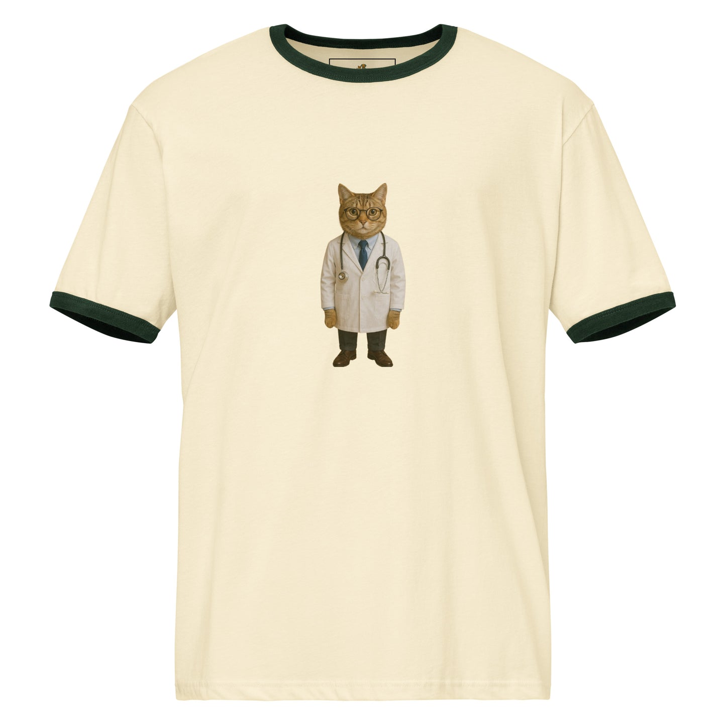 Beige t-shirt with a cat in a doctor's outfit on a white background