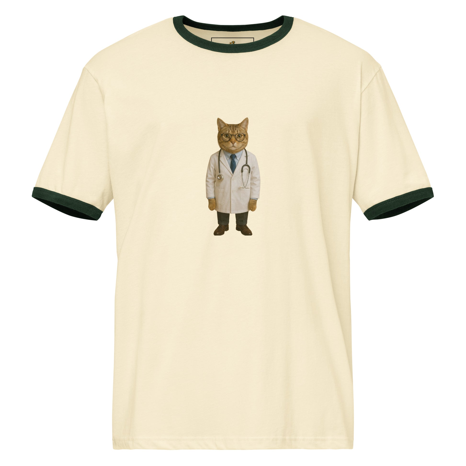 Beige t-shirt with a cat in a doctor's outfit on a white background