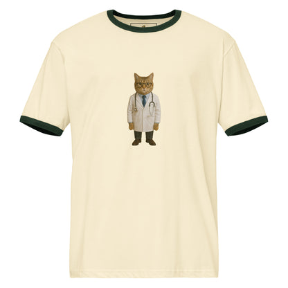Beige t-shirt with a cat in a doctor's outfit on a white background