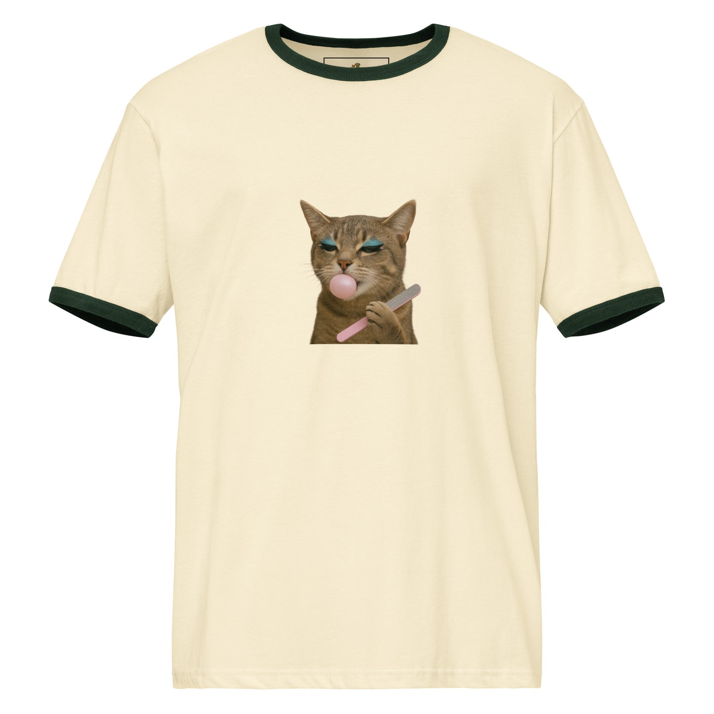 Beige t-shirt with a graphic of a cat blowing a bubble, on a white background