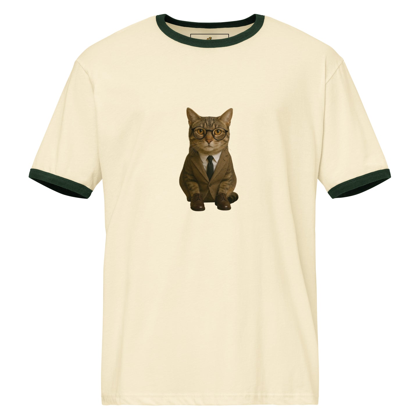 Beige t-shirt with a cat in a suit graphic on a white background