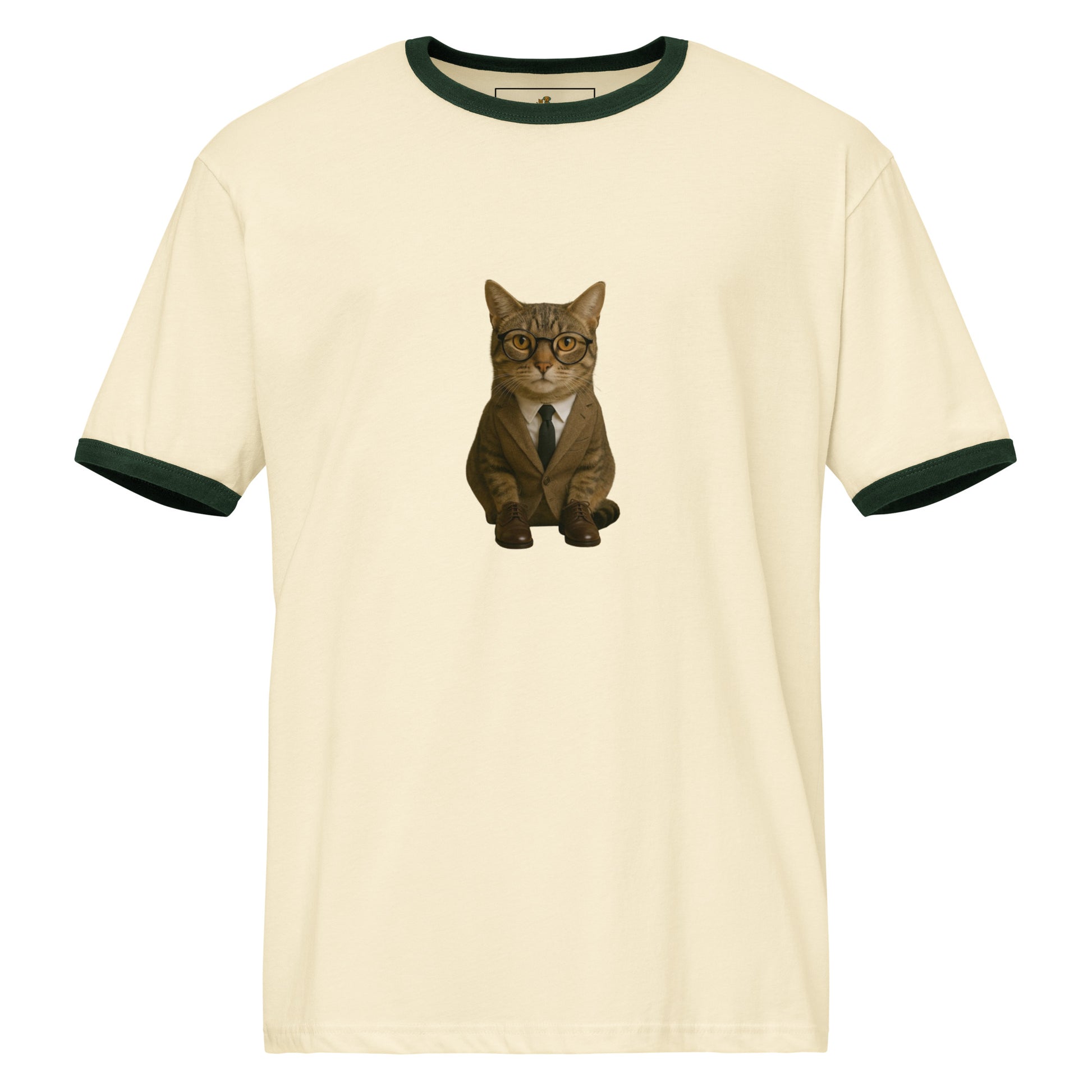 Beige t-shirt with a cat in a suit graphic on a white background