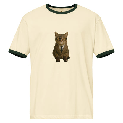 Beige t-shirt with a cat in a suit graphic on a white background