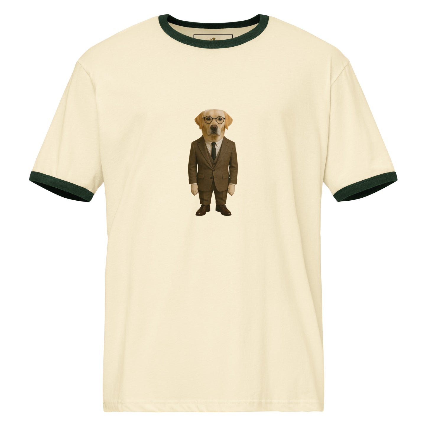 Beige t-shirt with a dog in a suit graphic on a white background