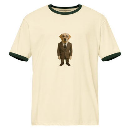 Beige t-shirt with a dog in a suit graphic on a white background