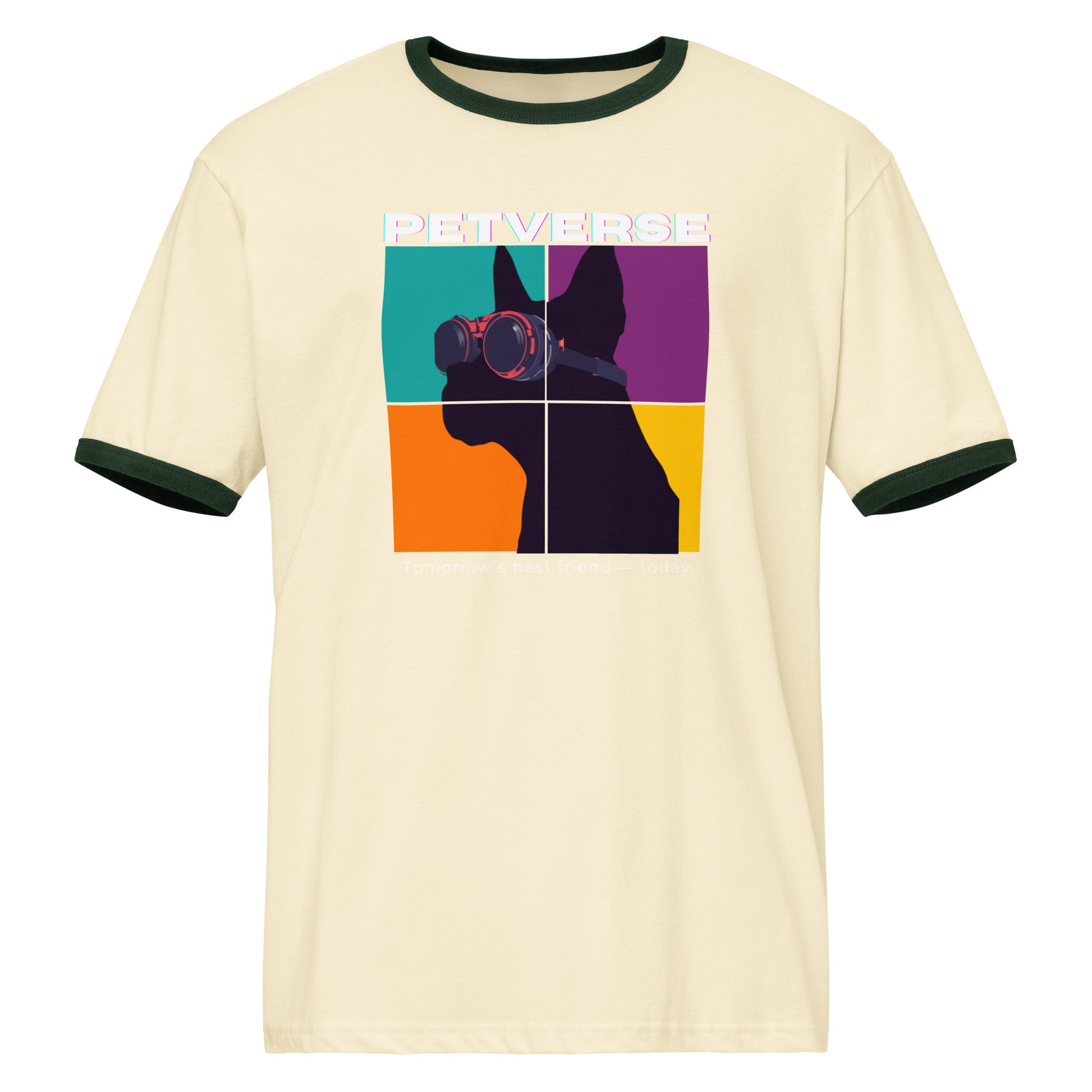Beige t-shirt with colorful graphic of a dog and 'PETVERSE' text on a white background