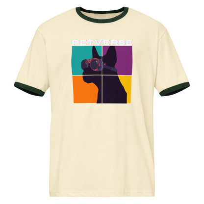 Beige t-shirt with colorful graphic of a dog and 'PETVERSE' text on a white background