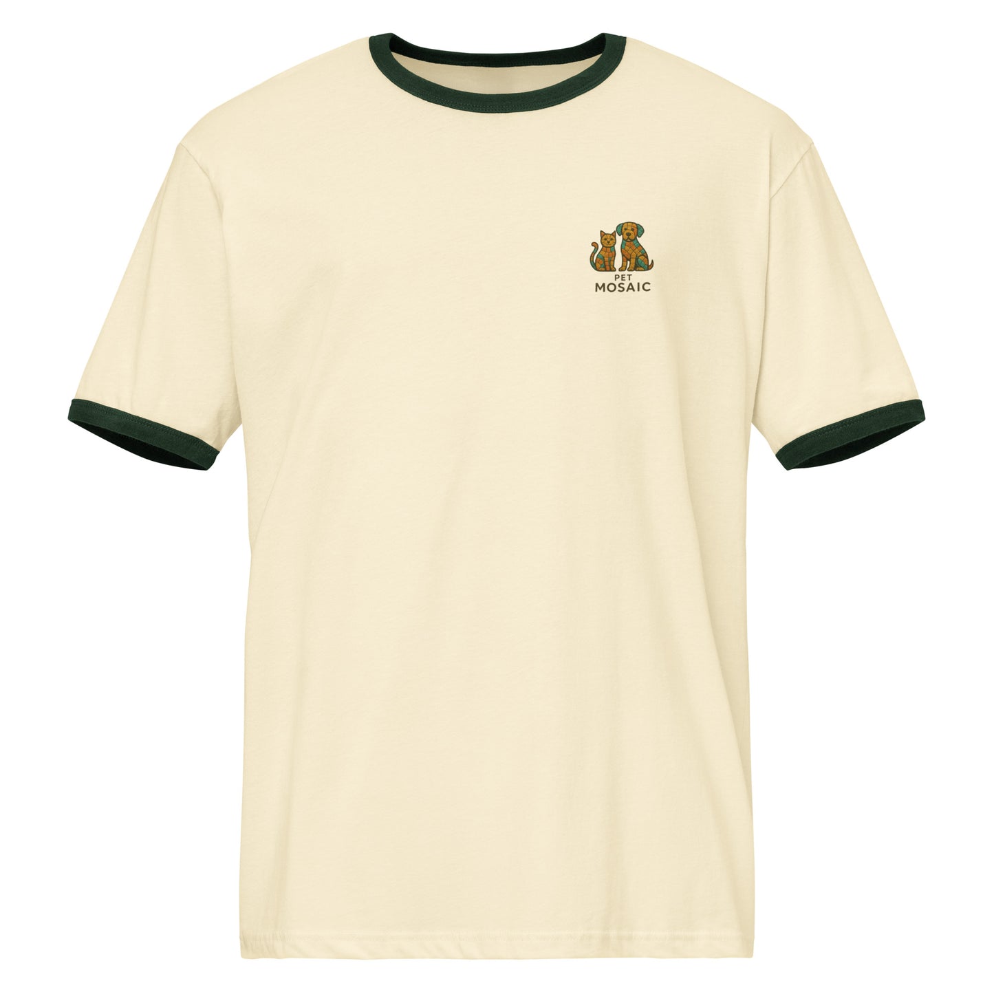 Beige t-shirt with green trim on a white background