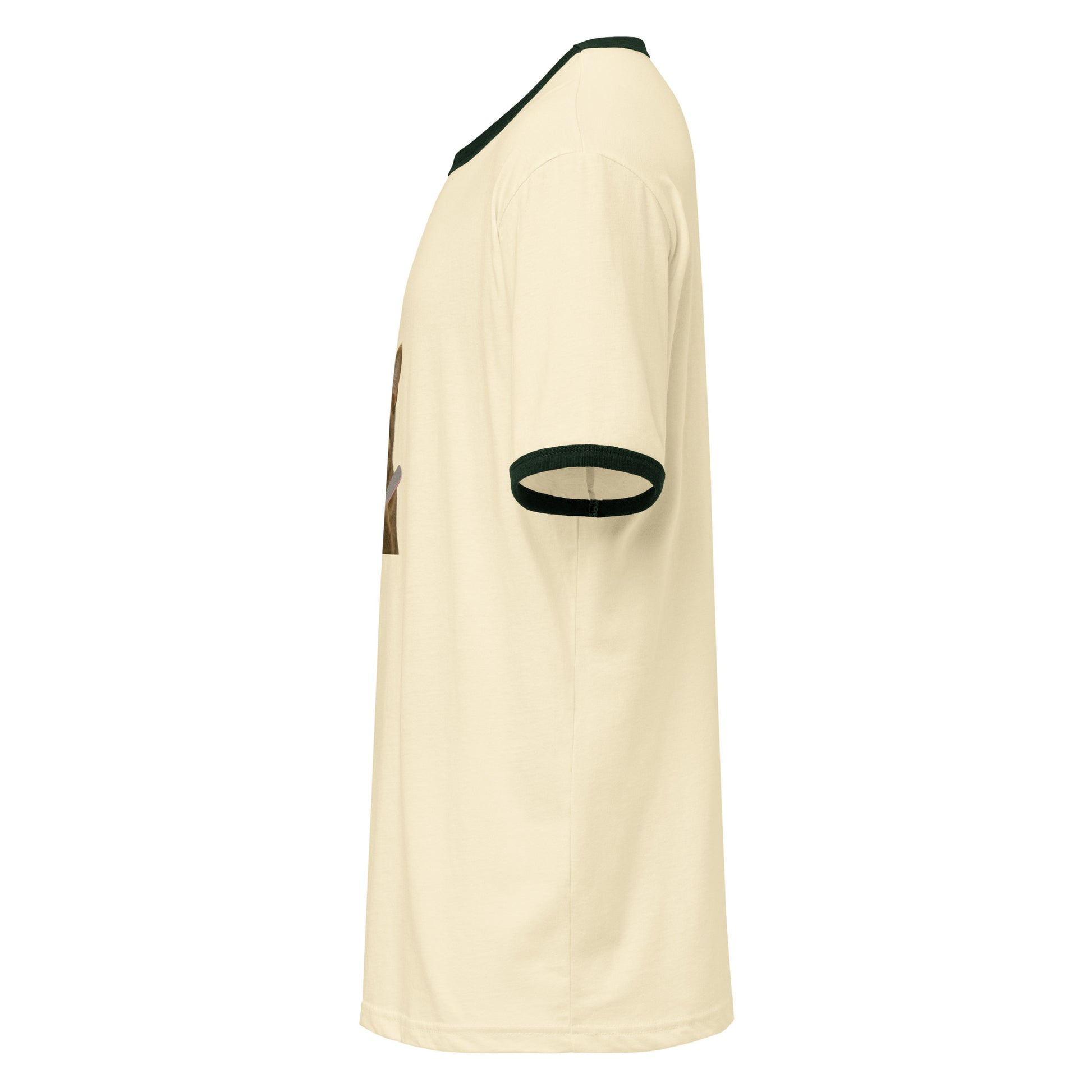 Beige sports jersey with black accents on a white background