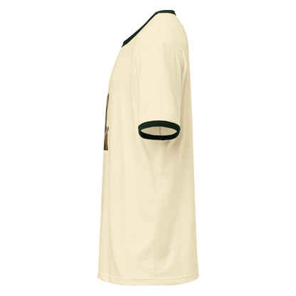 Beige sports jersey with black accents on a white background