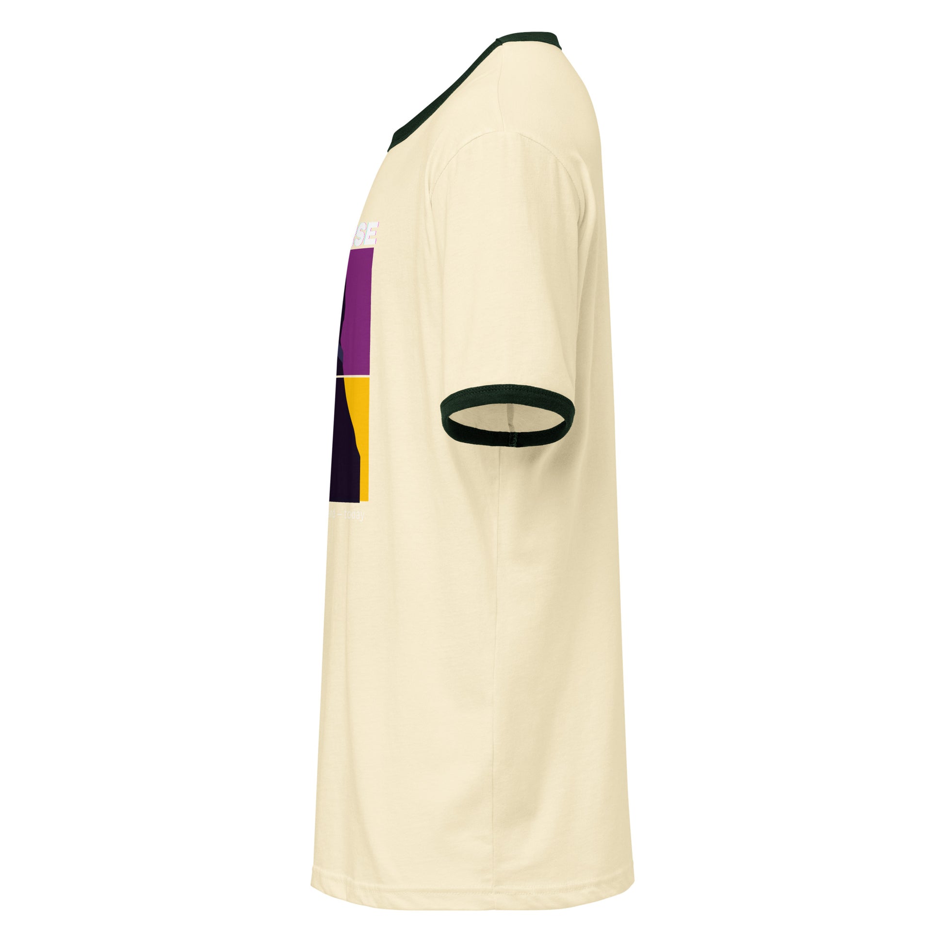 Beige sports jersey with black and purple accents on a white background