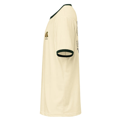 Beige sports jersey with black accents on a white background