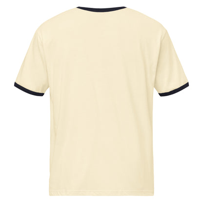 Beige t-shirt with black trim on a white background
