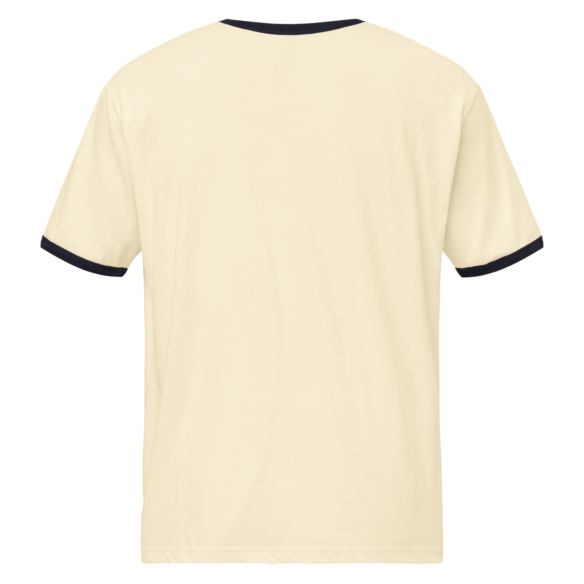 Beige t-shirt with black trim on a white background
