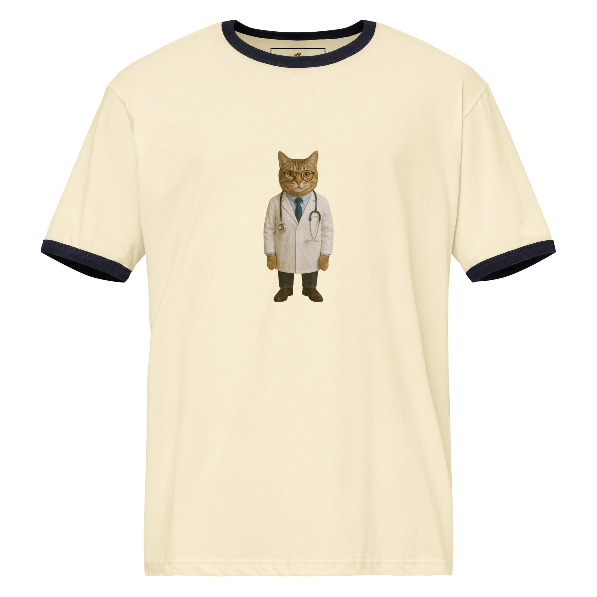 Beige t-shirt with a cat in a doctor's outfit on a white background