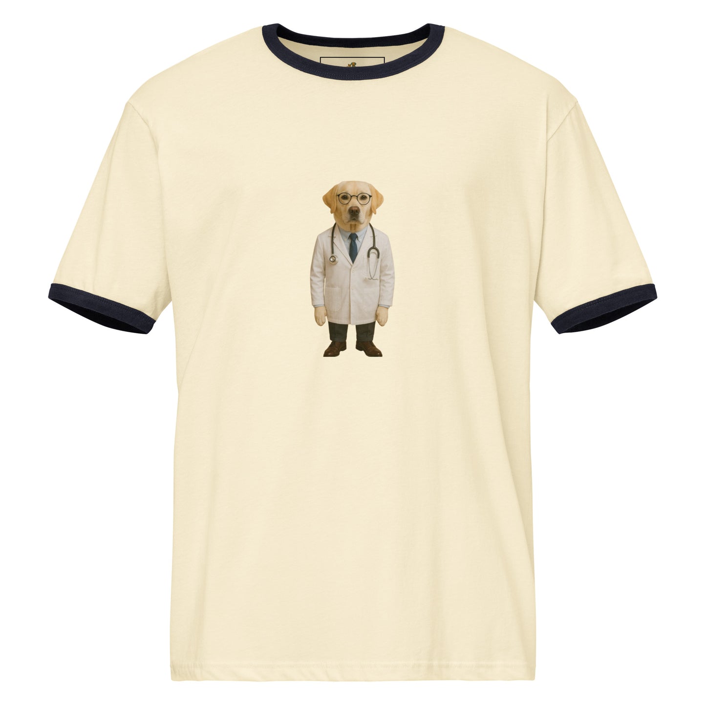 Beige t-shirt with a dog dressed as a doctor graphic on a white background