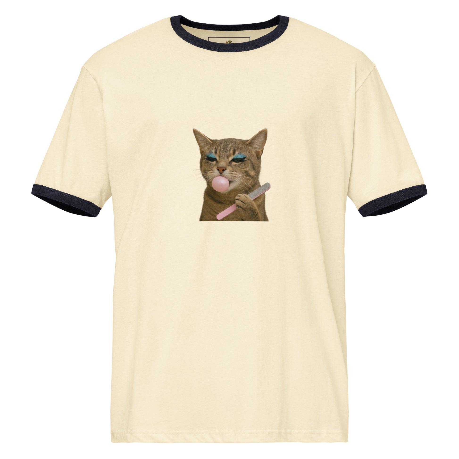 Beige t-shirt with a graphic of a cat blowing a bubble, on a white background