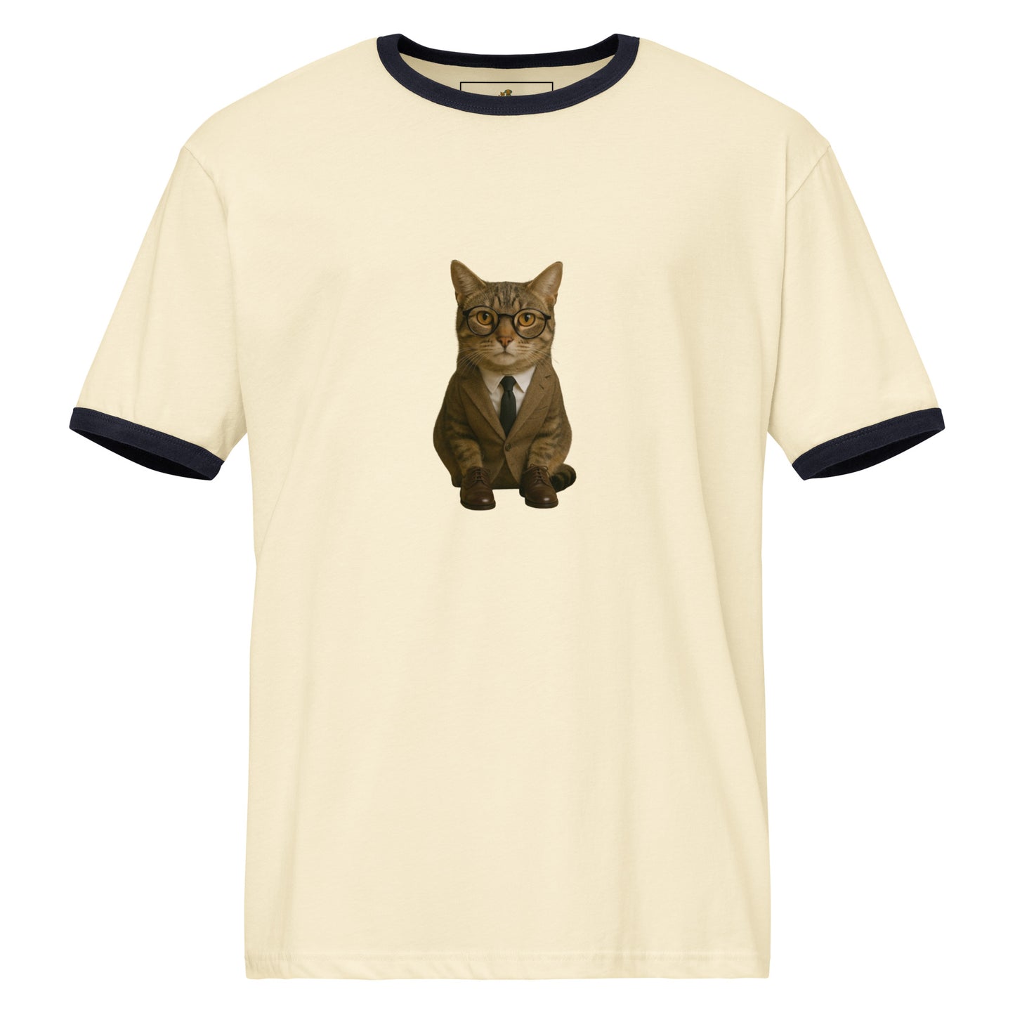 Beige t-shirt with a cat in a suit graphic on a white background