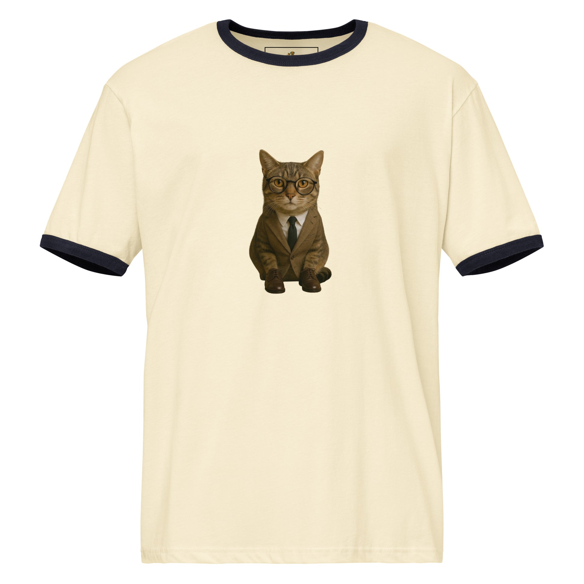Beige t-shirt with a cat in a suit graphic on a white background