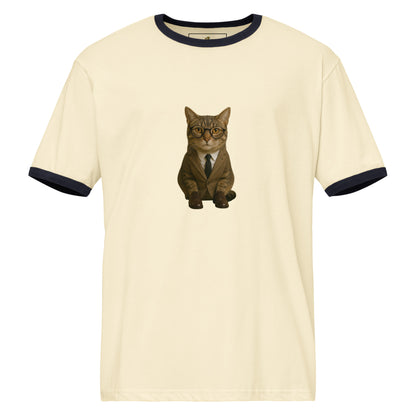 Beige t-shirt with a cat in a suit graphic on a white background