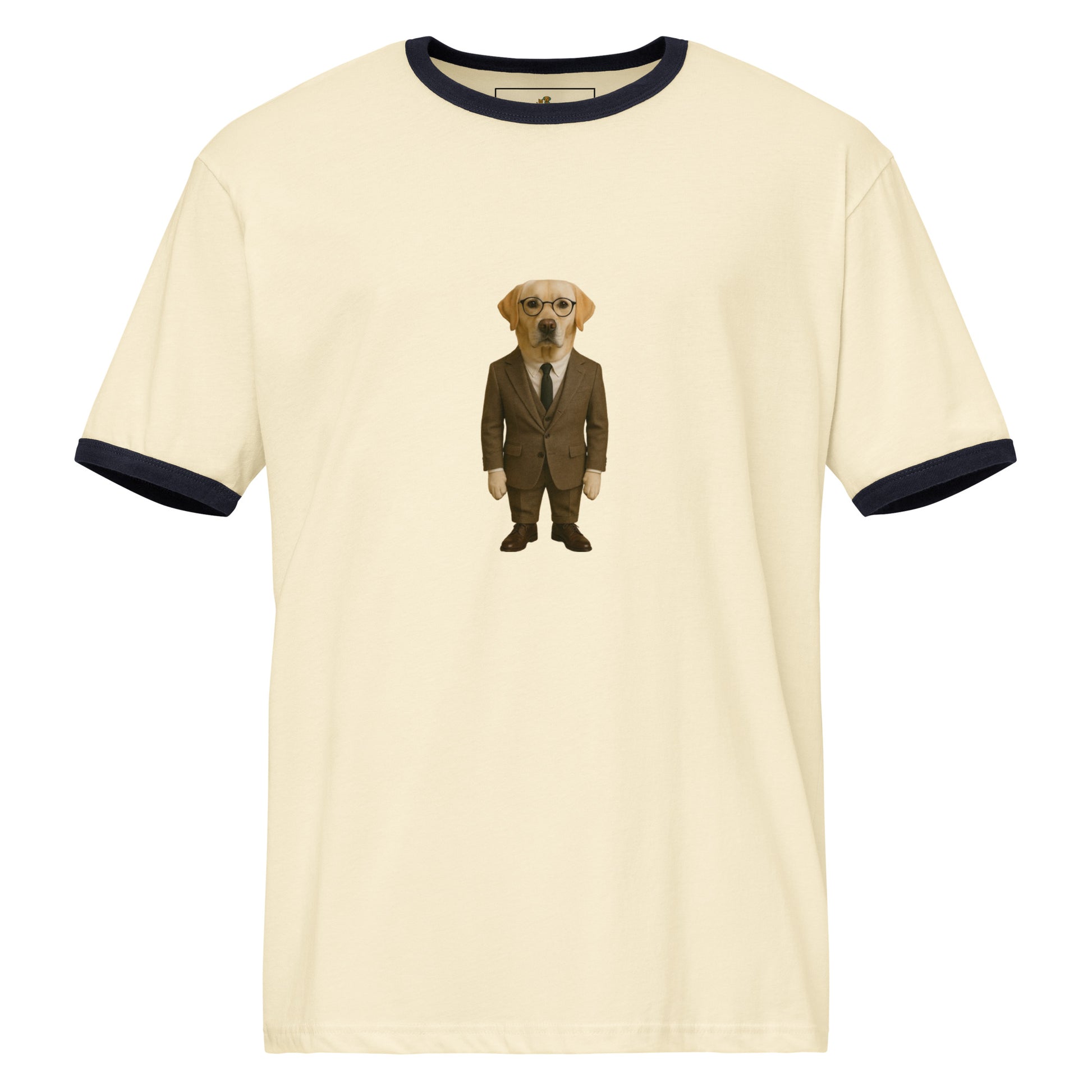 Beige t-shirt with a dog in a suit graphic on a white background