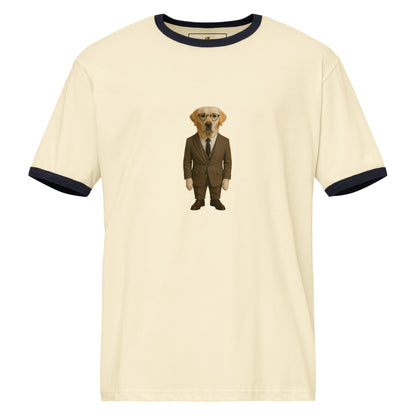 Beige t-shirt with a dog in a suit graphic on a white background